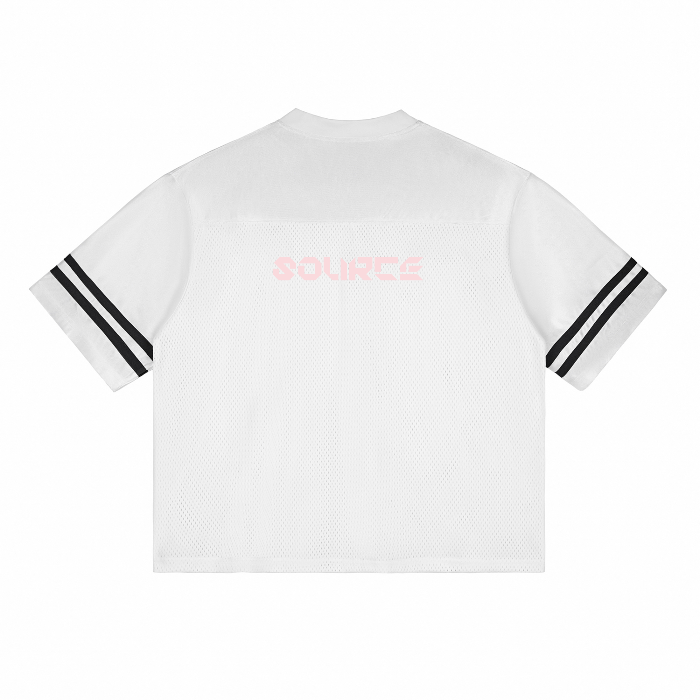 White t-shirt with black stripes on sleeves and 'SOURCE' logo on back, on a white background