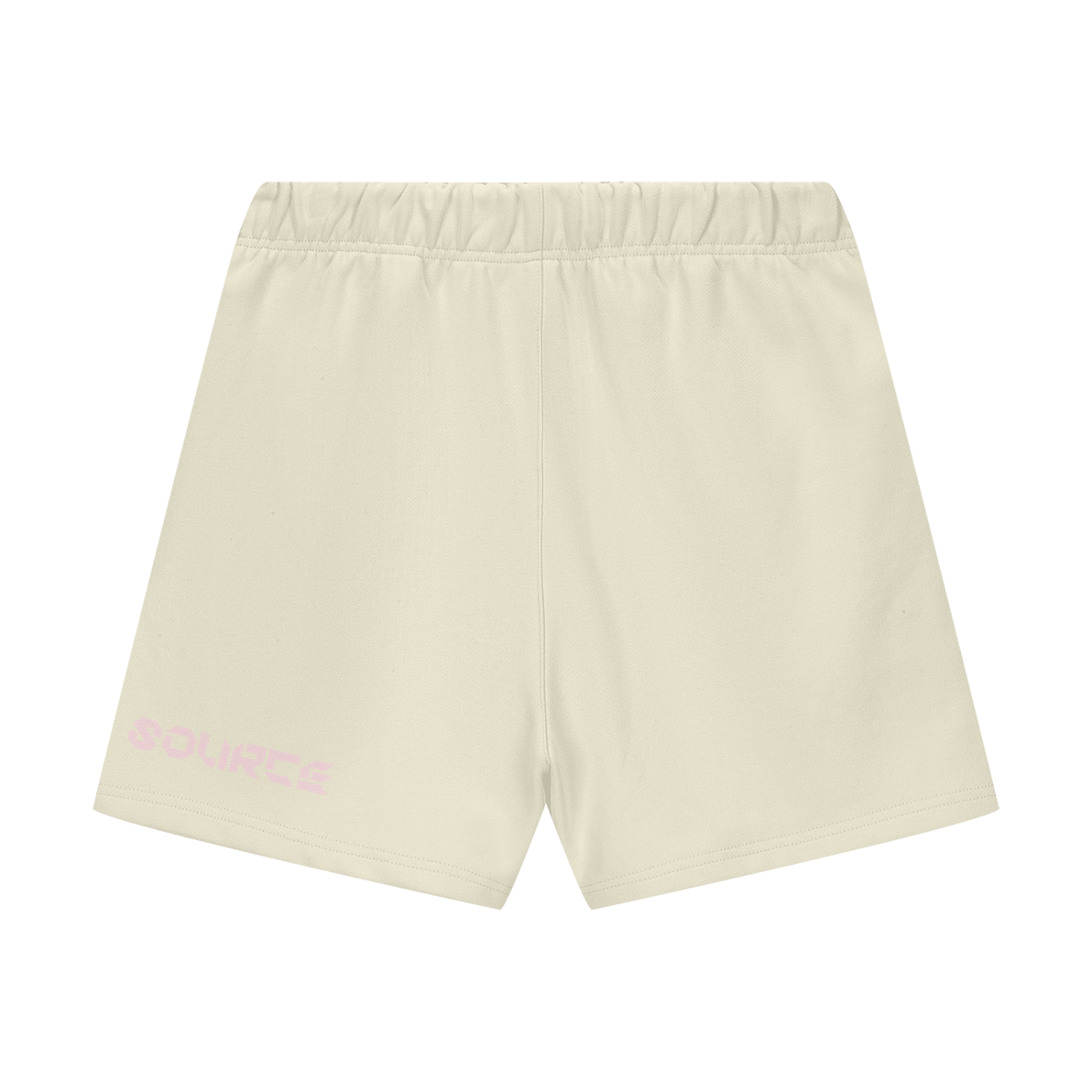 Beige shorts with a brand logo on a white background