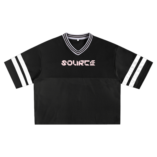 Black sports jersey with white accents and 'SOURCE' logo on a white background