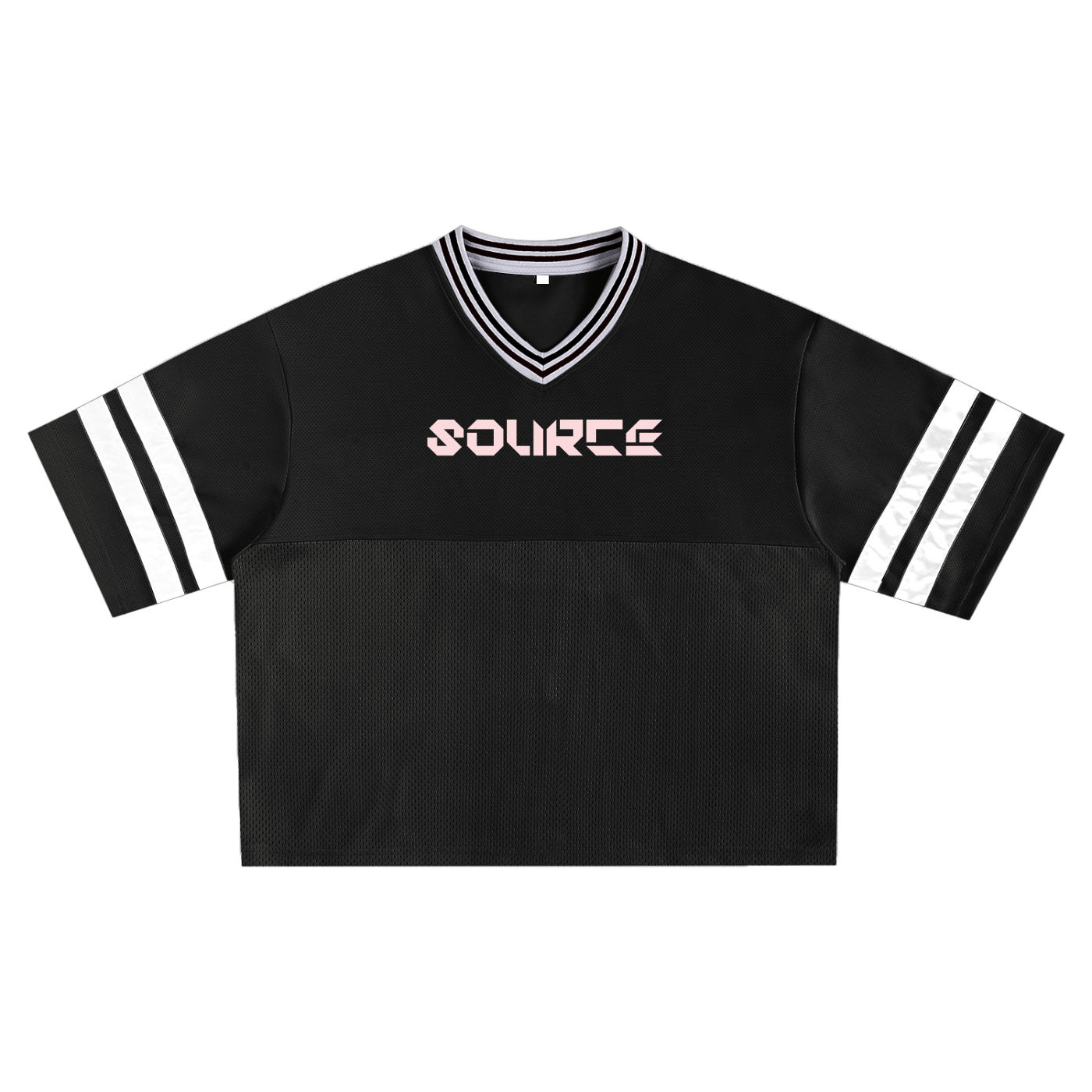 Black sports jersey with white accents and 'SOURCE' logo on a white background