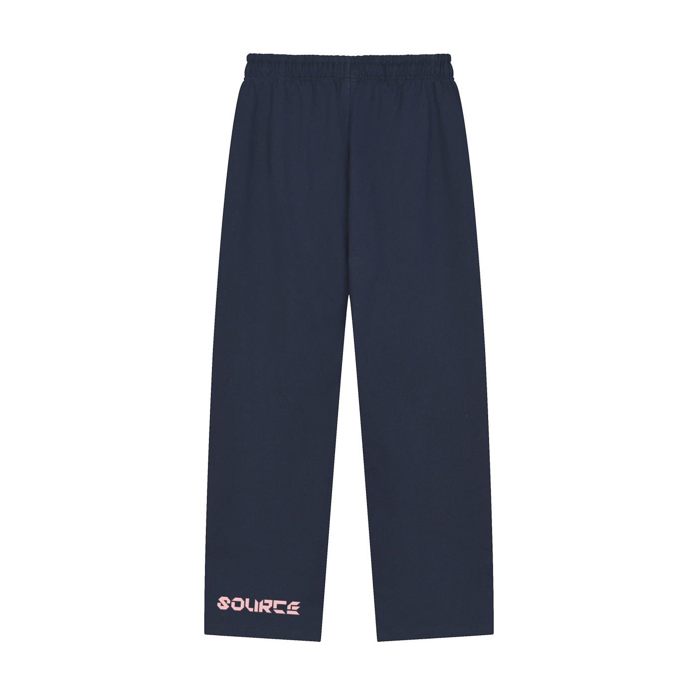 Navy blue pants with 'SOURCE' branding on a white background