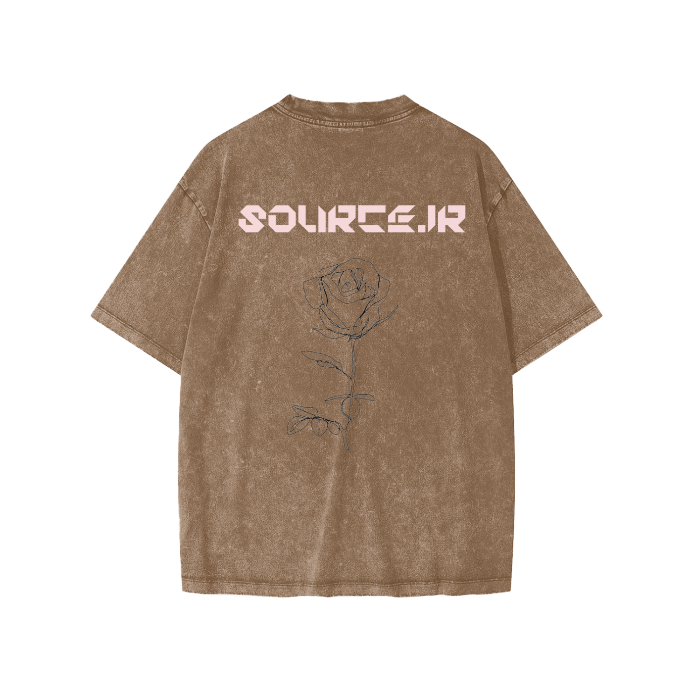 Brown t-shirt with 'SOURCE.JR' logo on the back against a white background